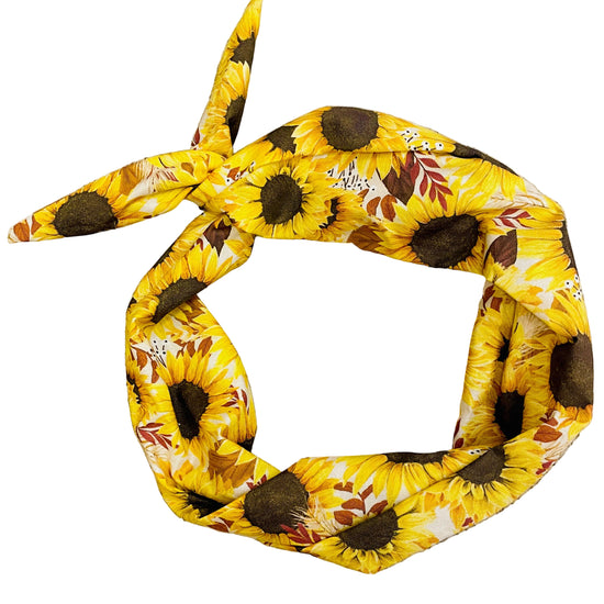 Amanda Bright Designs yellow sunflower pattern headband with brown center and clusters of white flowers