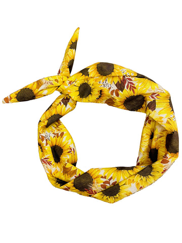 Amanda Bright Designs yellow sunflower pattern headband with brown center and clusters of white flowers