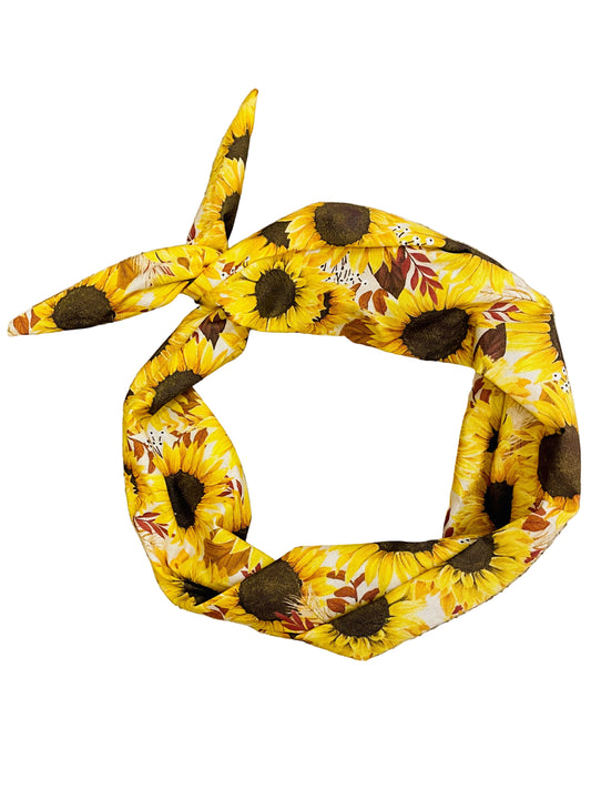 Amanda Bright Designs yellow sunflower pattern headband with brown center and clusters of white flowers