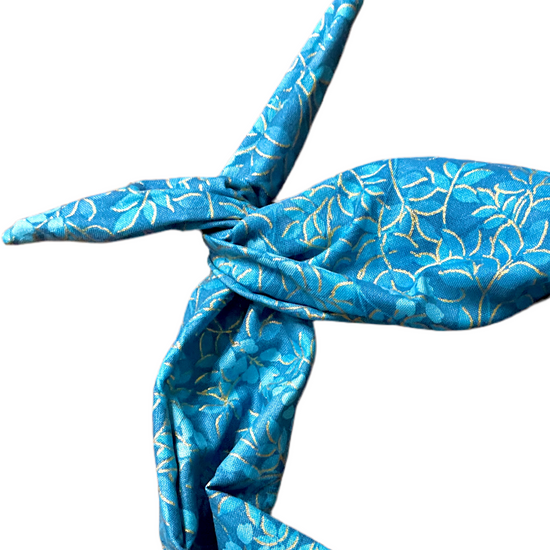 Amanda Bright Designs teal floral cotton headband with gold leaves