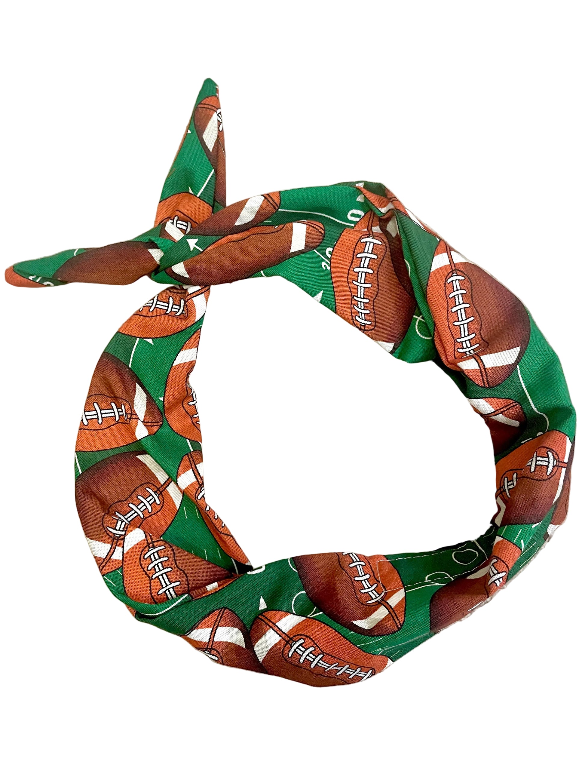 Amanda Bright Designs touchdown Brown Laced Footballs on Green astroturf background Original Tie Headband for college football NFL fans