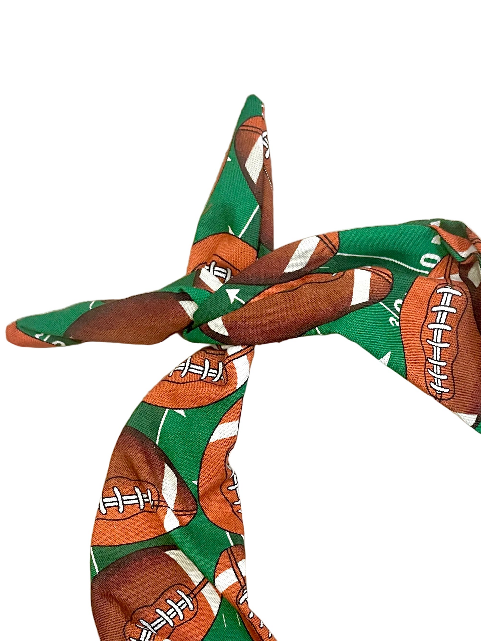Amanda Bright Designs touchdown Brown Laced Footballs on Green astroturf background Original Tie Headband for college football NFL fans