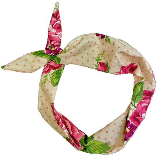 Amanda Bright Designs Floral headband with pink flowers and green leaves victorian