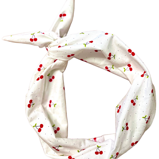 Amanda Bright Designs The Original Tie Headband Vintage Cherries on white