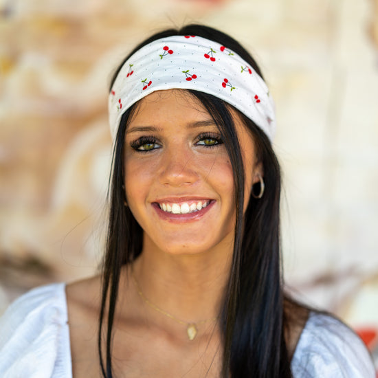 Amanda Bright Designs The Original Tie Headband Vintage Cherries on model wrapped around head