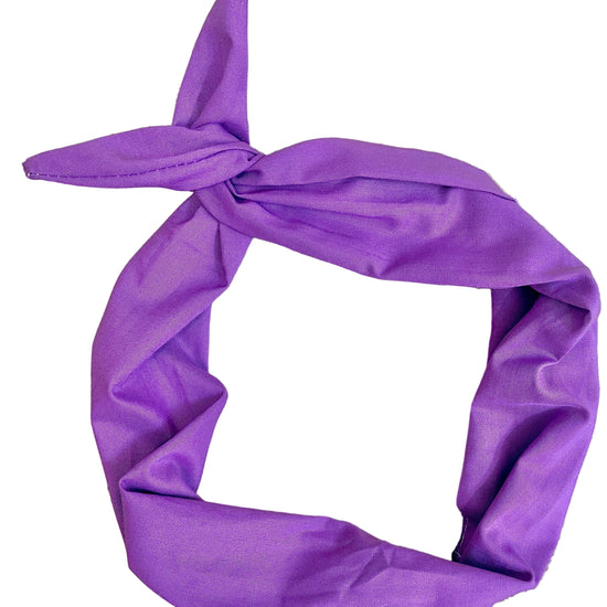 Amanda Bright Designs purple cotton headband or bandana tied in a knot