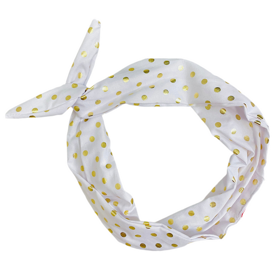 Amanda Bright Designs white cotton headband with reflective gold polkadots