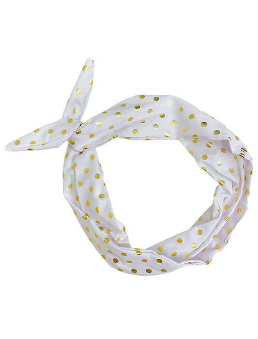 Amanda Bright Designs white cotton headband with reflective gold polkadots