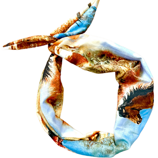 Amanda Bright Designs multicolored tie headband featuring a pattern of running horses against a blue sky.