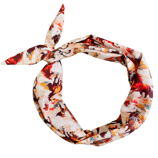Amanda Bright Designs lightweight fabric mustangs headband with a colorful abstract horse print