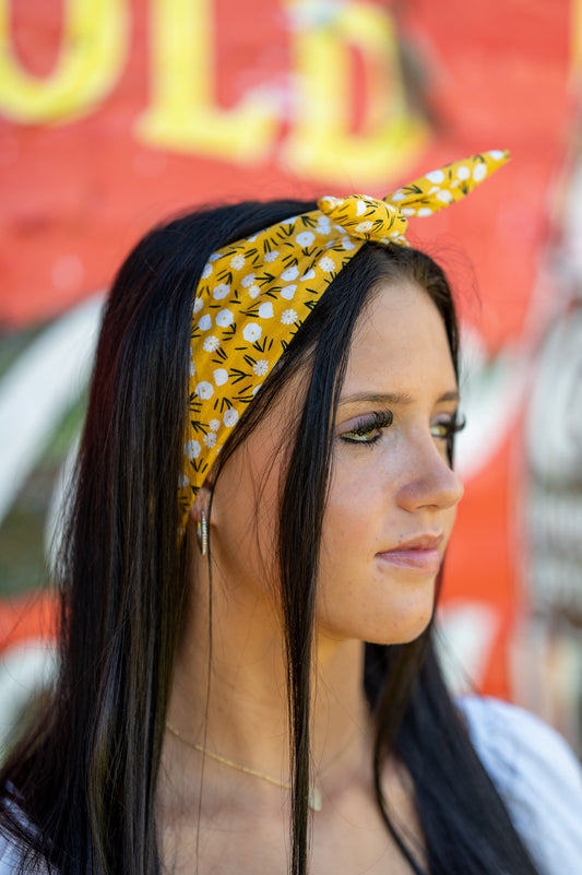 Amanda Bright Designs The Original Tie Headband Yellow Floral midcentury retro on model side view