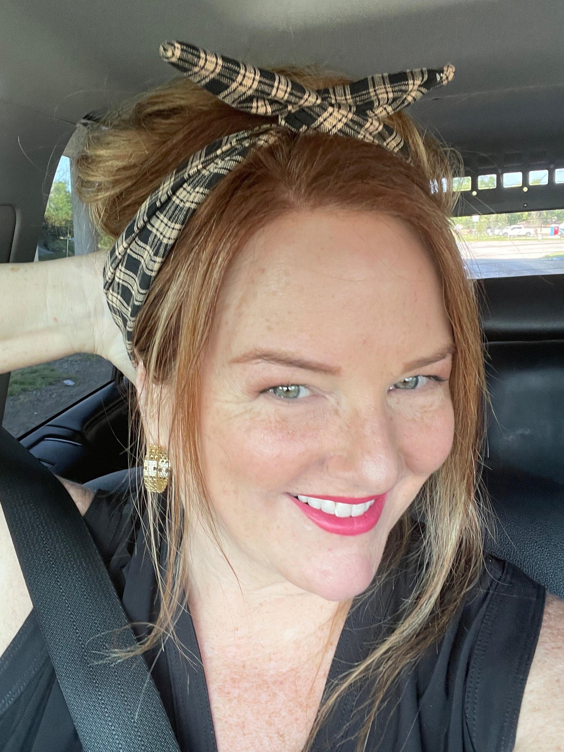 Amanda Bright Designs tie headband Black and Tan homespun plaid