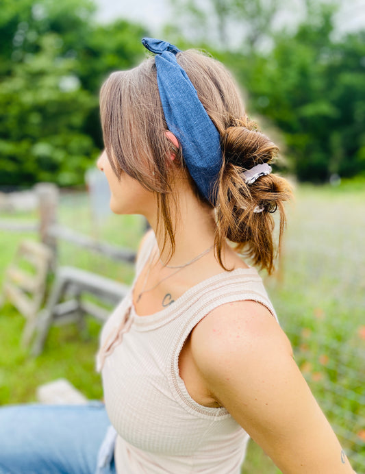 Amanda Bright Designs Dark Wash Denim headband on model