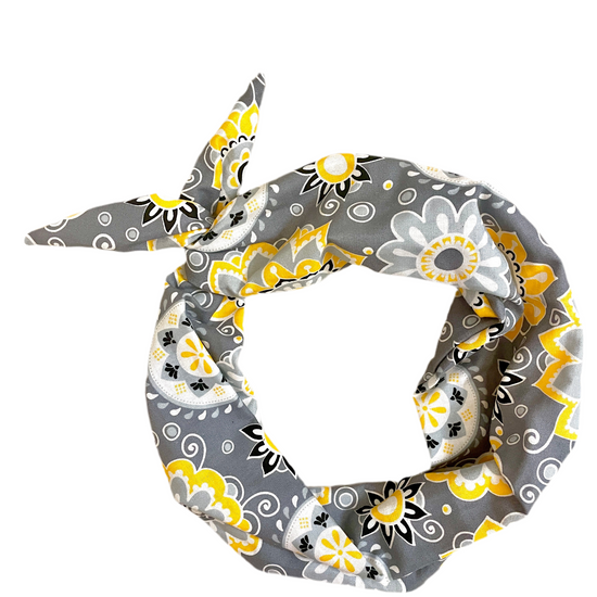 Amanda Bright designs gray yellow and black floral headband batik pattern