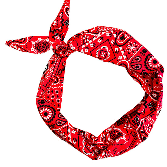 Amanda Bright Designs red bandana tie headband with a black and white paisley pattern