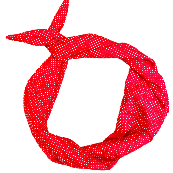 Amanda Bright Designs red cotton headband with white swissdot repeating pattern