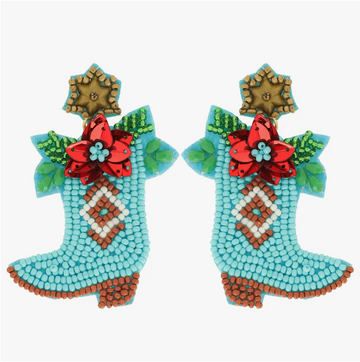 Turquoise Poinsettia Cowboy Boot Dangle Earrings