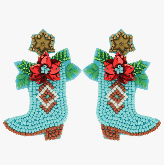 Turquoise Poinsettia Cowboy Boot Dangle Earrings