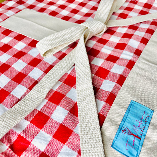 Two Medium Sized Ladies Wendy red checkered gingham apron tablecloth summer picnic Italian French bbq close up view