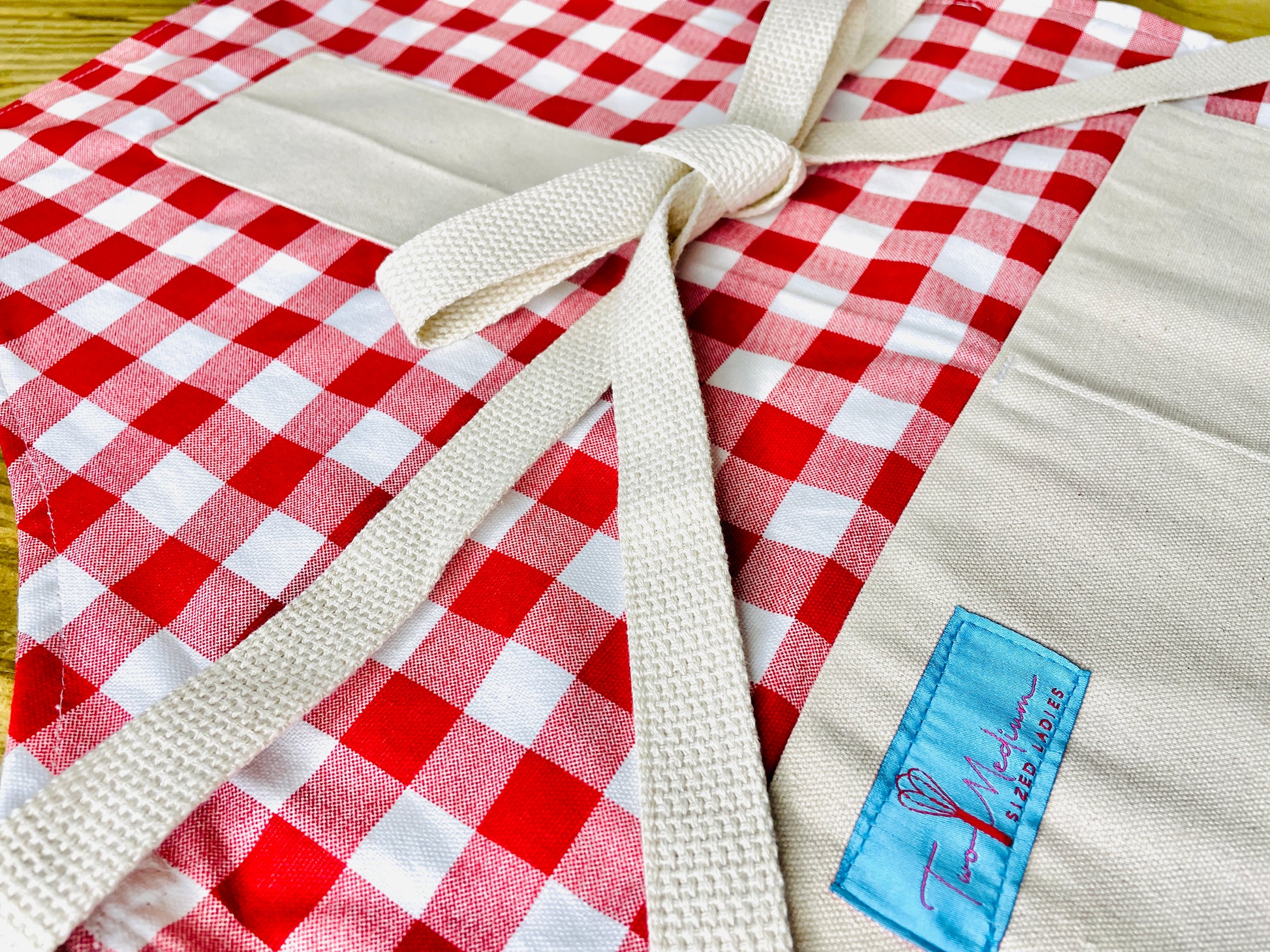 Two Medium Sized Ladies Wendy red checkered gingham apron tablecloth summer picnic Italian French bbq close up view