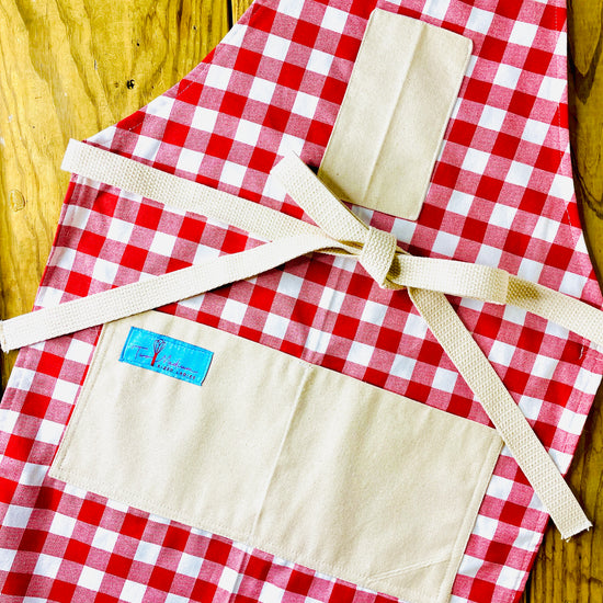 Two Medium Sized Ladies Wendy red checkered gingham apron tablecloth summer picnic Italian French bbq