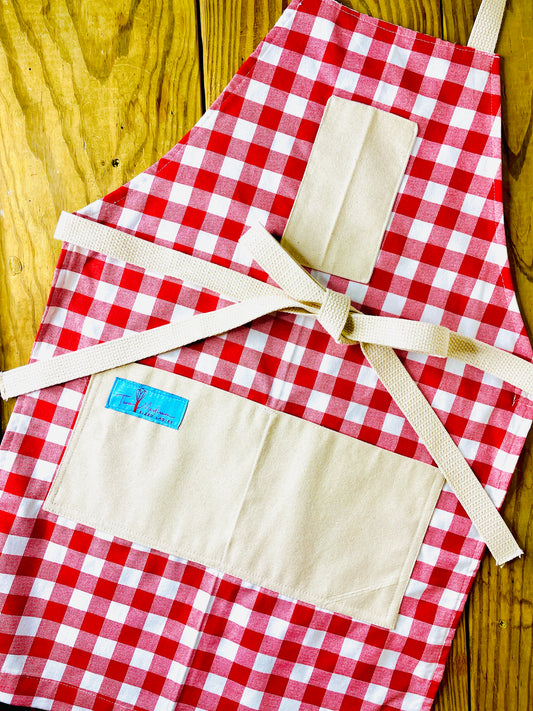 Two Medium Sized Ladies Wendy red checkered gingham apron tablecloth summer picnic Italian French bbq