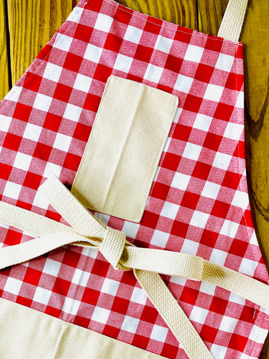Amanda Bright Designs picnic pattern red and white checkered apron