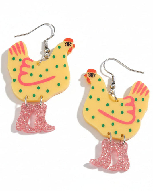 Farm Theme Chicken Cowboy Boot Earrings