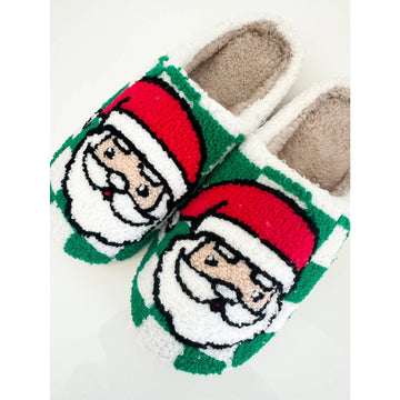 Green Checkered Santa Sherpa Slippers