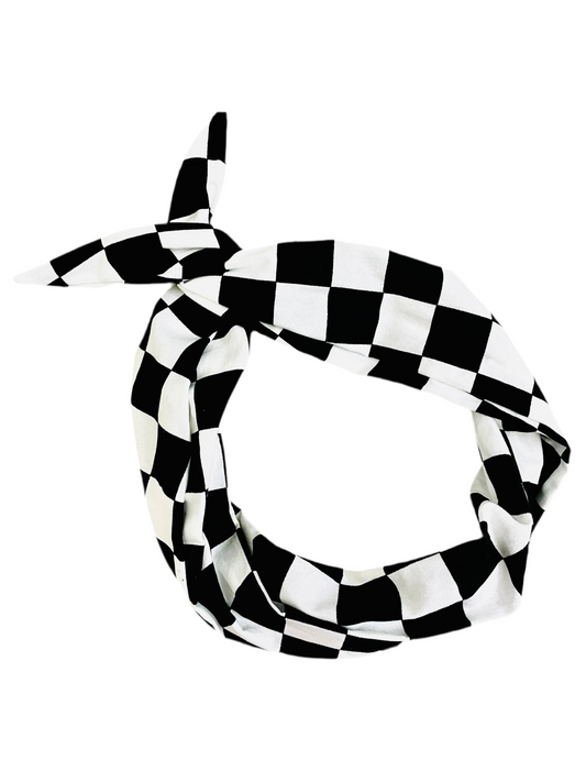 Amanda Bright Designs Black and White Racing Checkered Flag Original Tie Headband for women of all ages