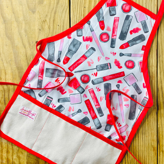 Amanda Bright Designs children's cotton apron mama's makeup lipstick nail polish play time baking fashion plate mascara tutorial 