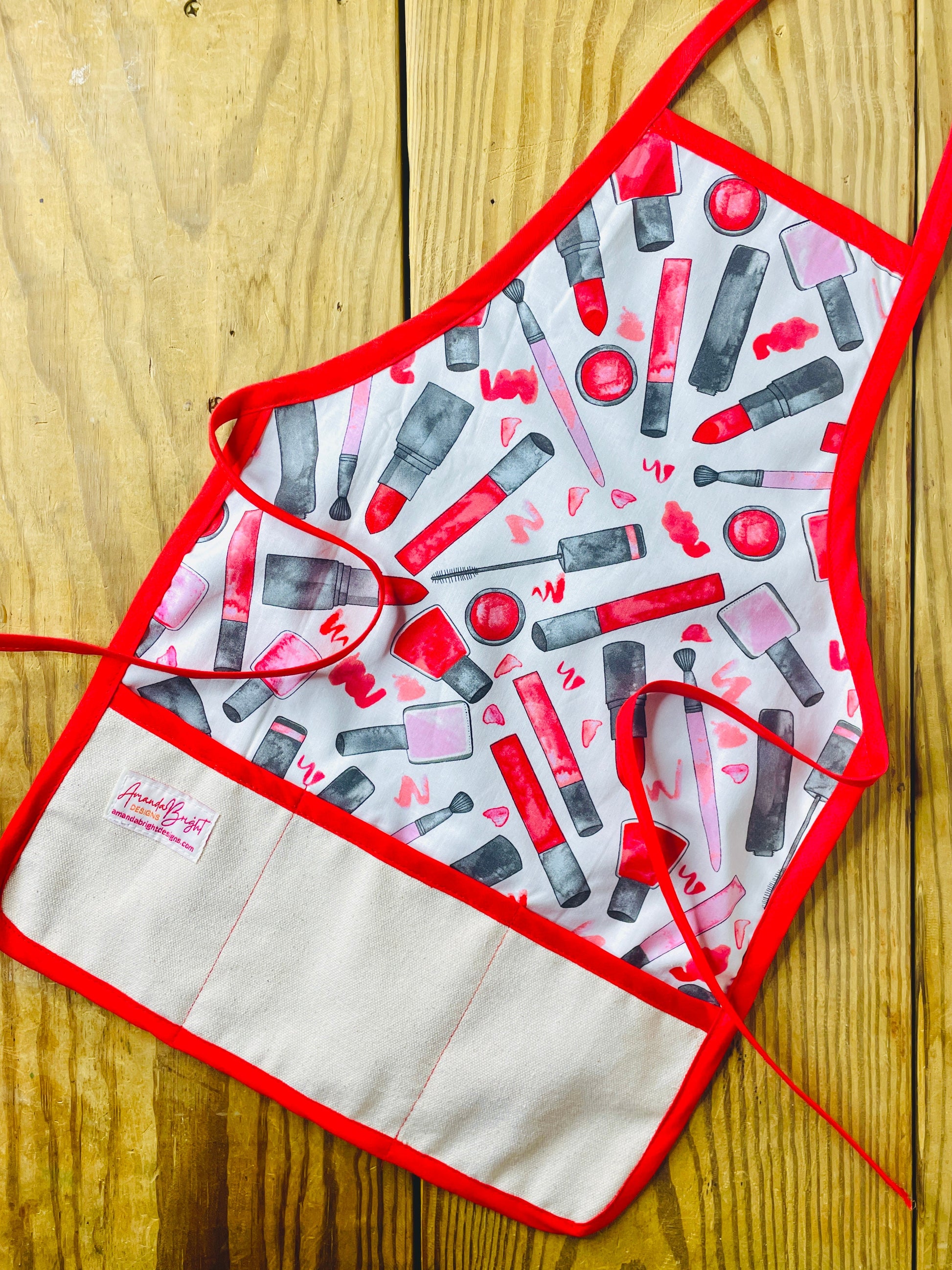 Amanda Bright Designs children's cotton apron mama's makeup lipstick nail polish play time baking fashion plate mascara tutorial 