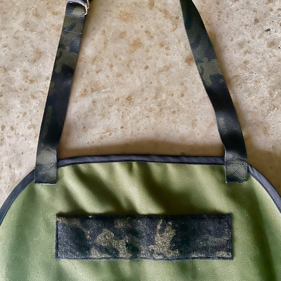 Amanda Bright Designs Eckert Apron olive green waterproof canvas Multicam black trim and strings