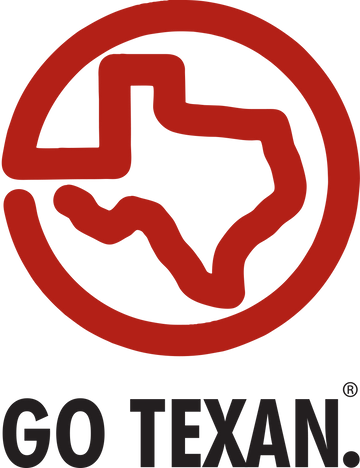 Red outline of a state shape with 'GO TEXAN' text below on a white background