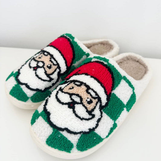 Green Checkered Santa Sherpa Slippers