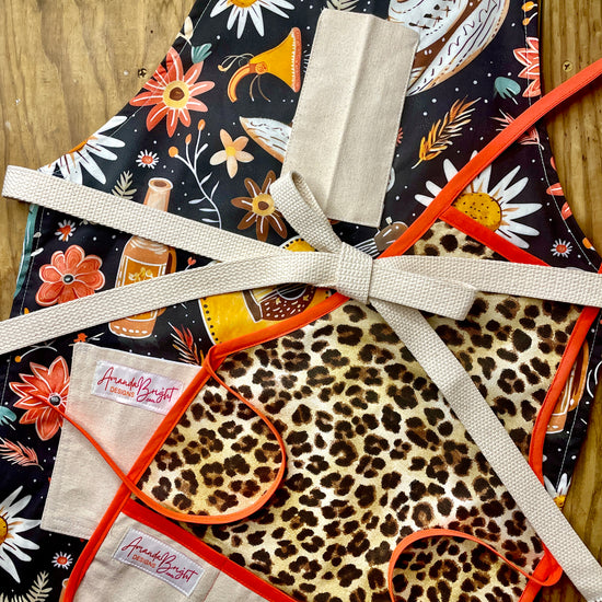 Amanda Bright designs desert cowgirl apron and leopard print children's apron western style mommy and me set