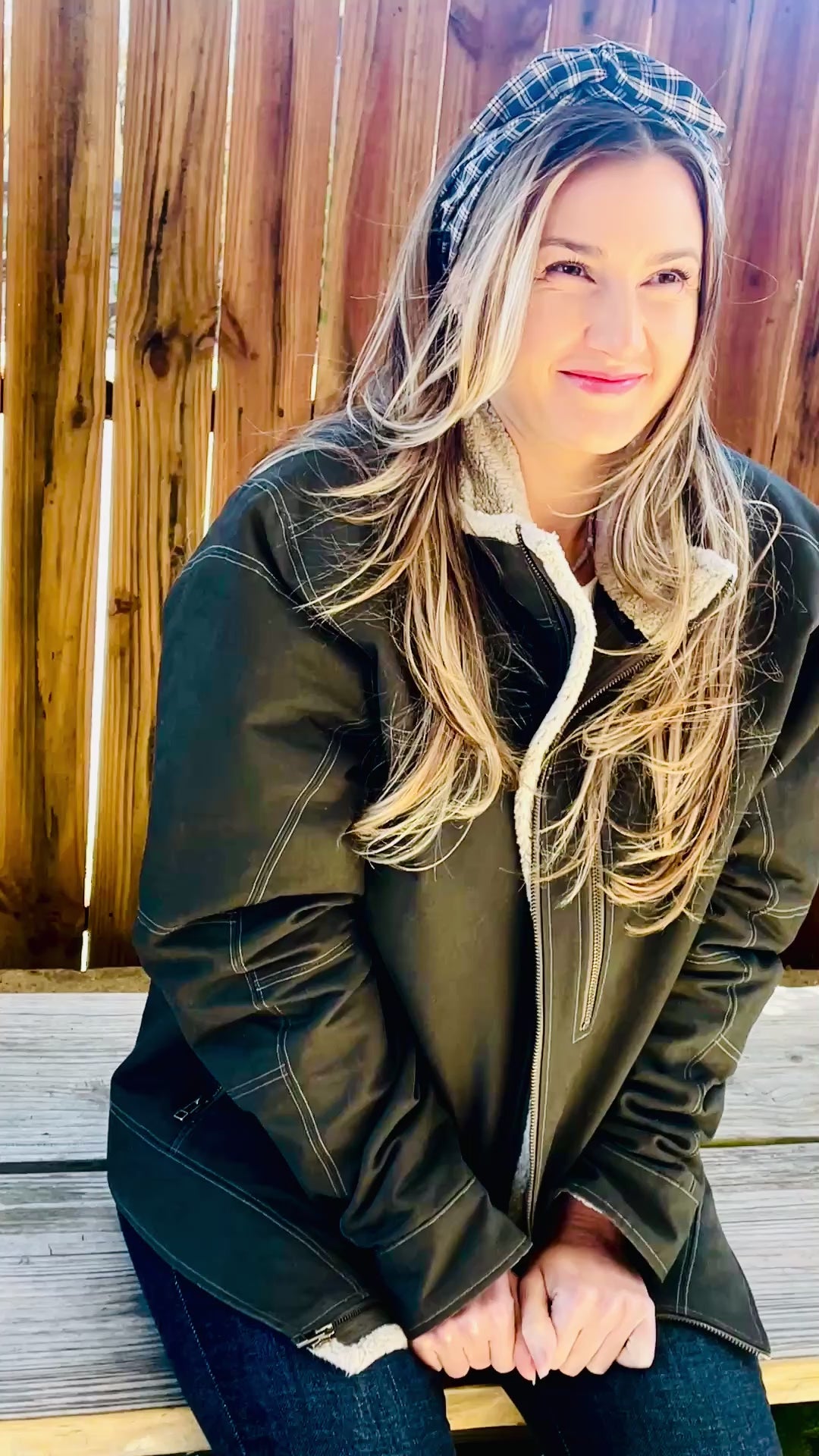 Navy Tan Plaid Headband on model