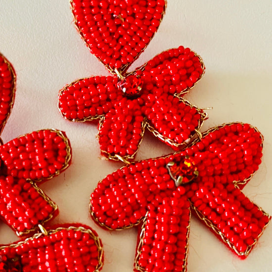 Amanda Bright Designs Red Hearts and Bows Beaded Dangle Earrings