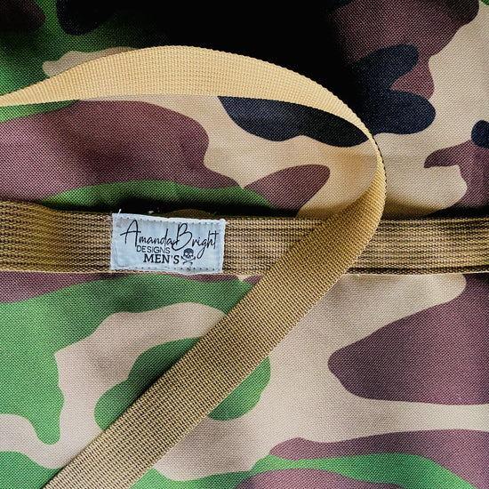 Amanda Bright designs the Rambo camouflage ottertex waterproof apron with coyote brown strings