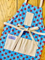 Two Medium Sized Ladies Betsy Ross kitchen apron fireworks stars and stripes American flag pattern fourth of July god bless america