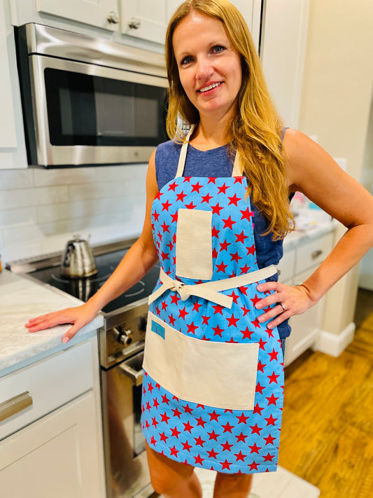 Two Medium Sized Ladies Betsy Ross kitchen apron fireworks stars and stripes American flag pattern fourth of july woman in her kitchen