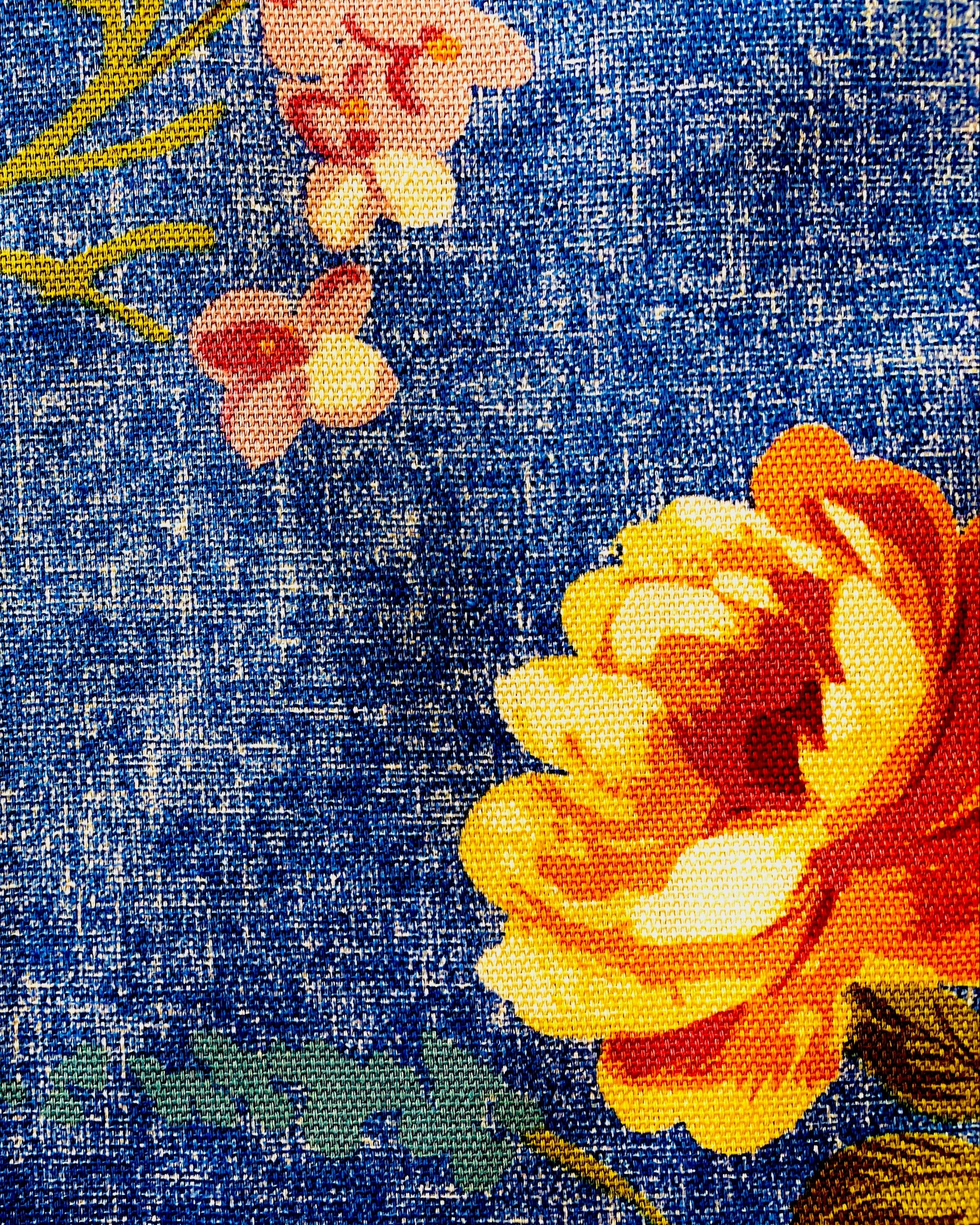 Amanda Bright Designs Betty Apron blue floral spring flowers mauve peach oversized blooms cotton fabric pattern