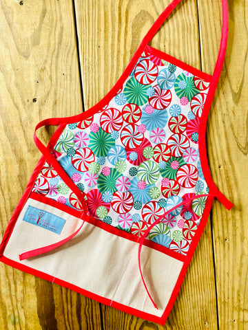 Two Medium Sized Ladies Children's Christmas Aprons Peppermint Lane candy swirl aprons