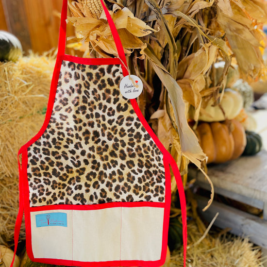 Two Medium Sized Ladies animal print exotic leopard children's cotton apron handmade red strings and trim