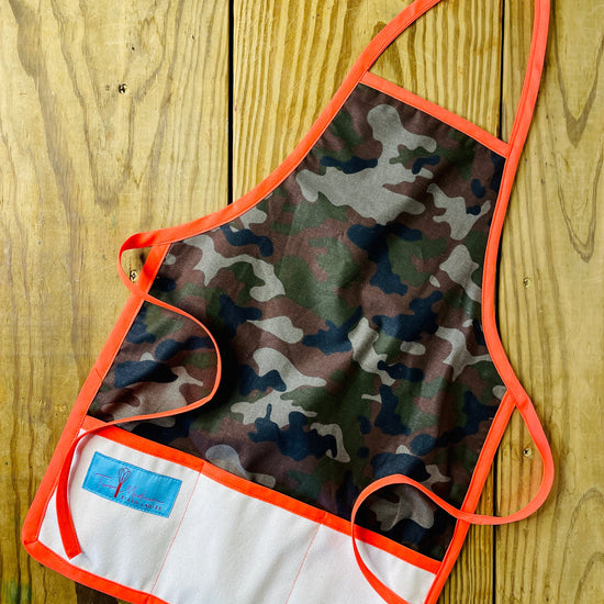 Two Medium Sized Ladies childrens camouflage apron with safety orange strings