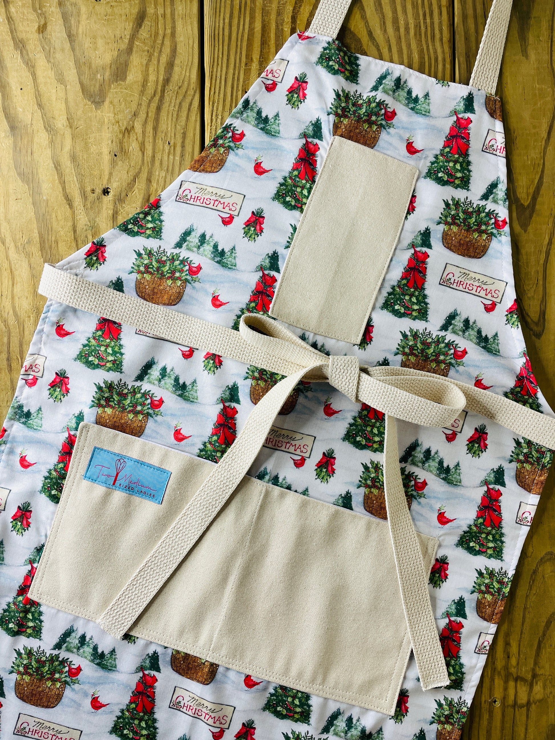 Two Medium Sized Ladies Christmas Forest Apron Merry Christmas Vintage Tree Red Bows Red Cardinals Pine Aspen Spruce Holly Snow Drift