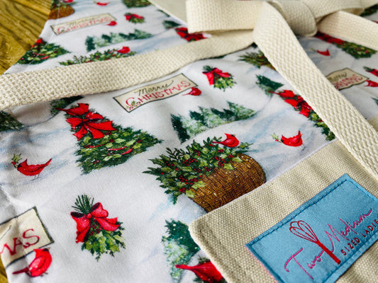 Two Medium Sized Ladies Christmas Forest Apron Merry Christmas Vintage Tree Red Bows Red Cardinals Pine Aspen Spruce Holly Snow Drift Close Up View