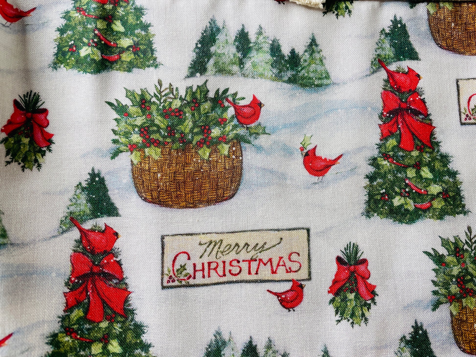 Two Medium Sized Ladies Christmas Forest Apron Merry Christmas Vintage Tree Red Bows Red Cardinals Pine Aspen Spruce Holly Snow Drift Fabric Pattern