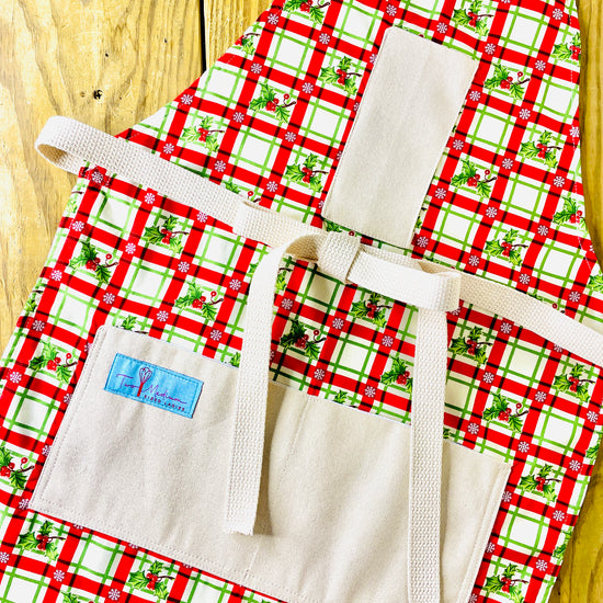 Two Medium Sized Ladies Christmas Plaid Red and Green Holly Berry Vintage Style Apron 