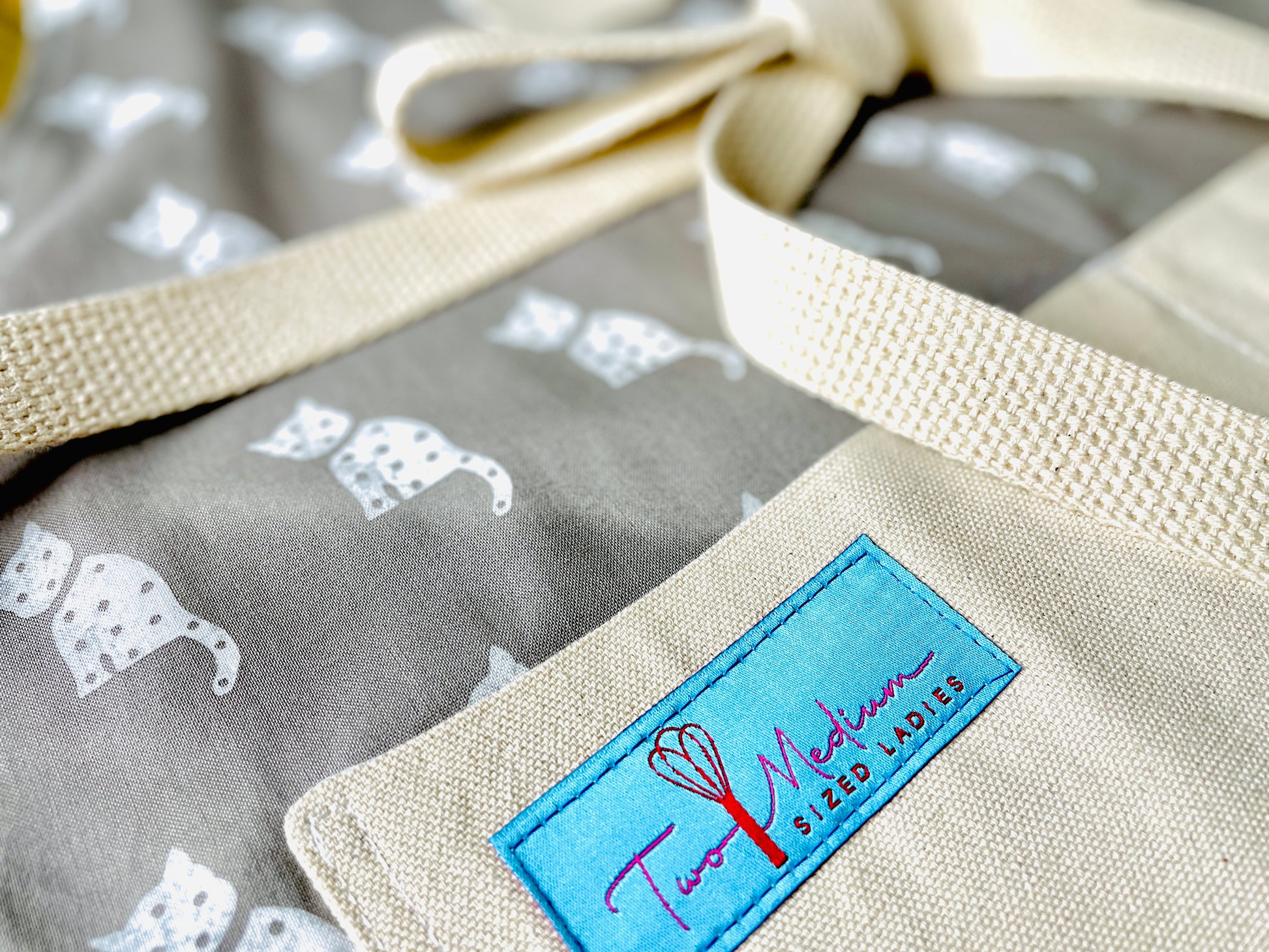 Two Medium Sized Ladies Cleo white cat gray background closeup view of kitchen animal lovers apron farmhouse style